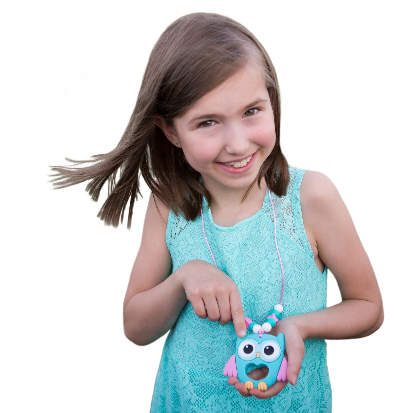 Munchables Aqua Owl Chewelry Necklace worn by a girl.