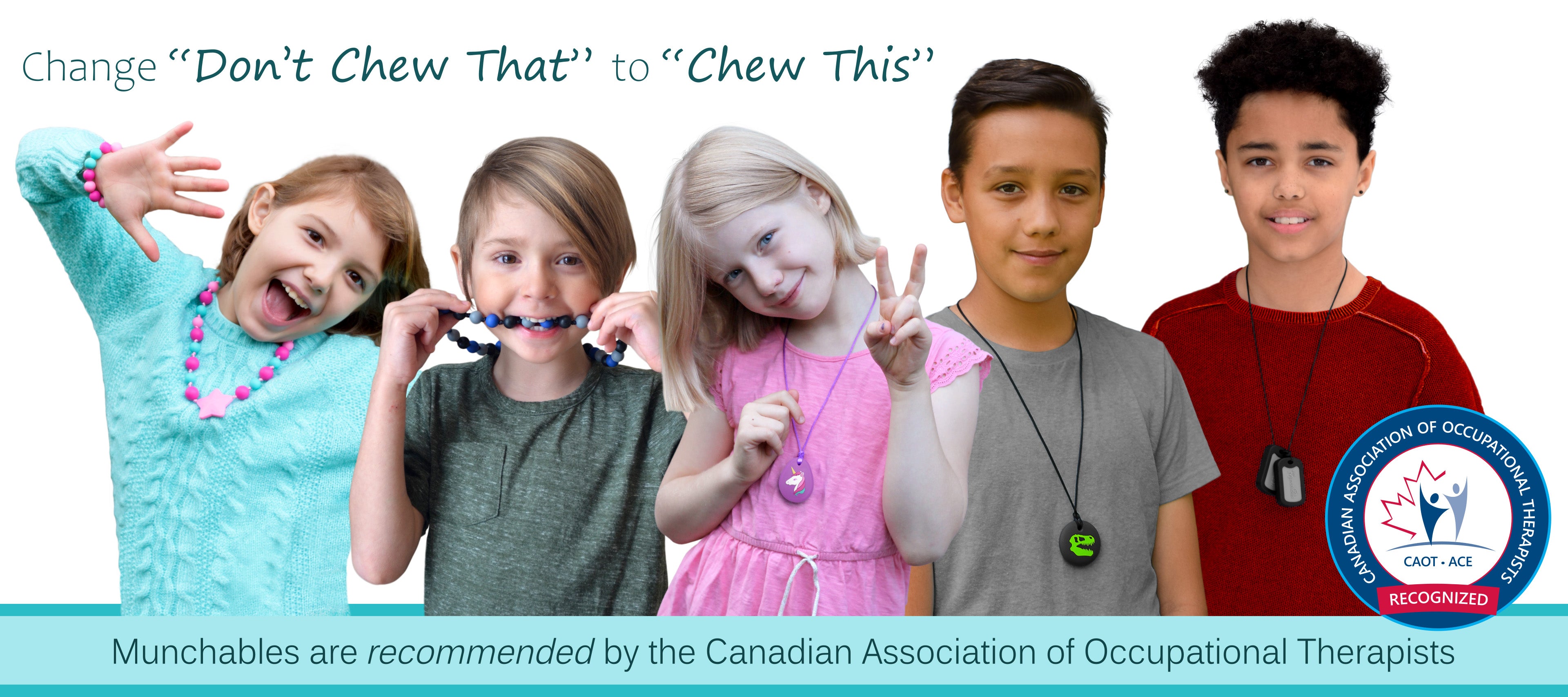 Children wearing Munchables sensory chew necklaces to help stop shirt chewing and improve focus.