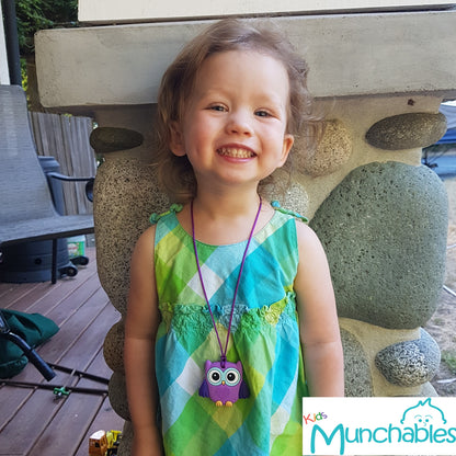 Munchables Baby Owl Sensory Chew Necklace worn by preschool girl.