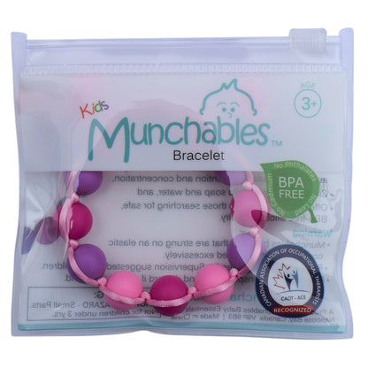 Munchables Adjustable Chew Bracelet in reclosable packaging. 