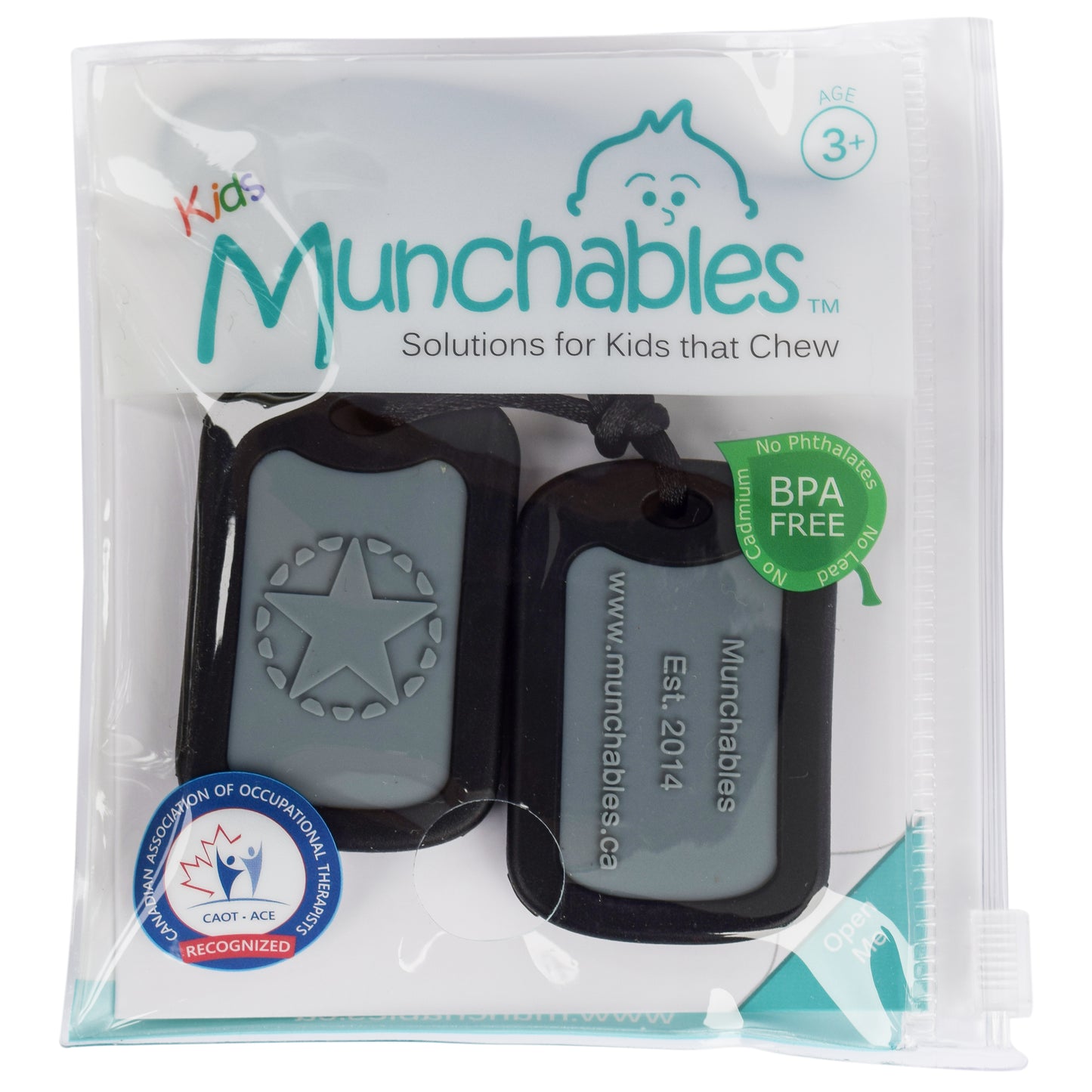 Munchables Chewable Necklace Military Dog Tags in reusable package.