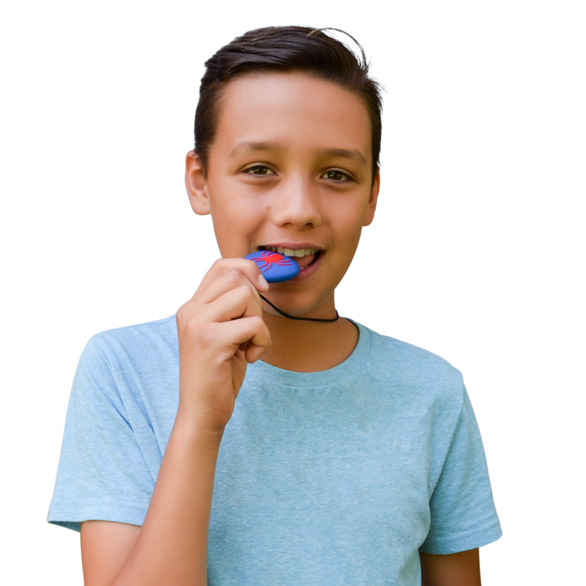 Munchables Sensory Spider Chew Necklace in Blue and Red Chewed on by Teenage Boy.