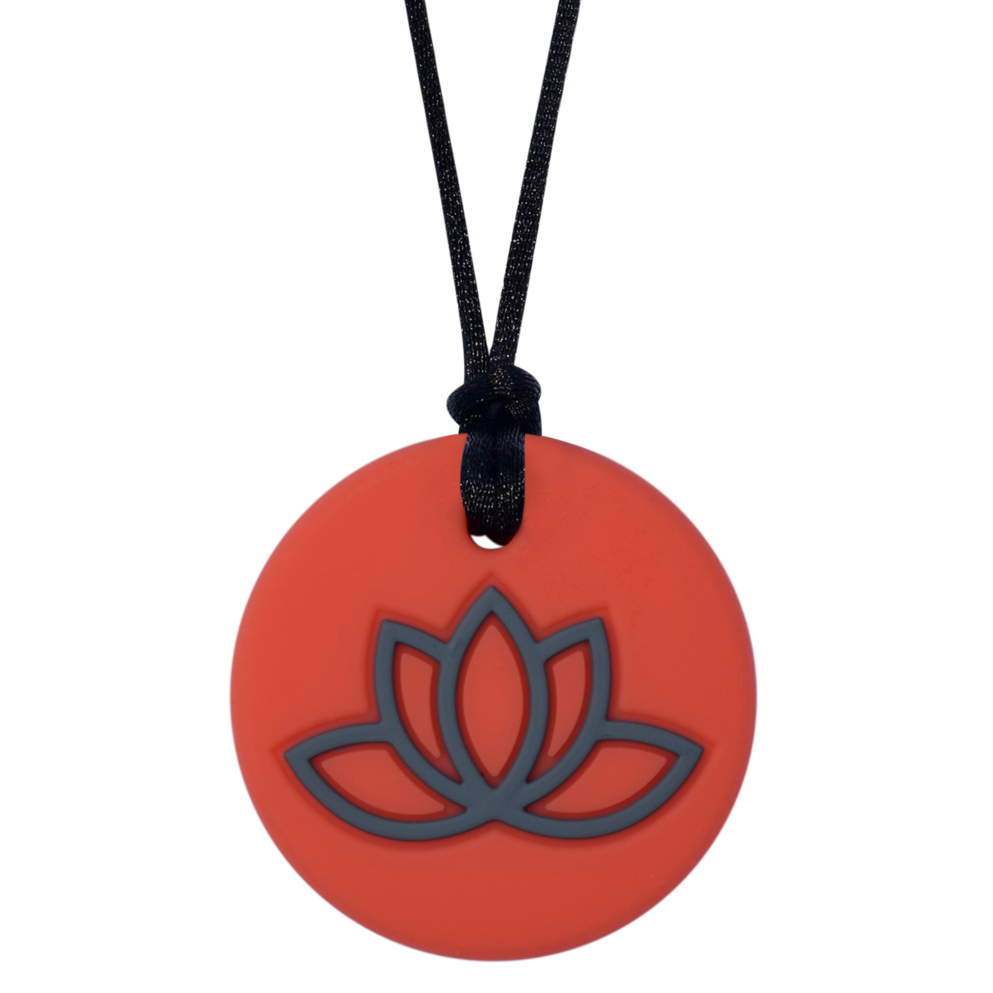 Munchables Lotus Chew Necklace with Coral Background and Gray Design.