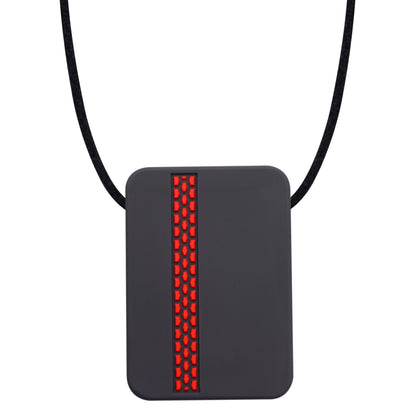 Munchables adult chew necklace in rectangle shape with red tire strip down one side.