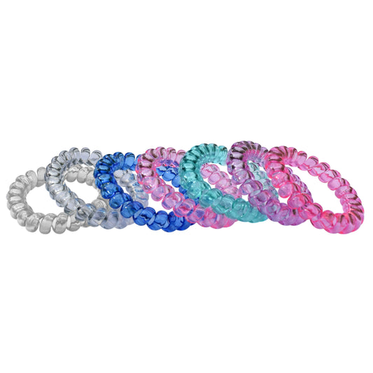 Munchables Stretchy Coil Stim Bracelets in clear, grey, dark blue, pink, aqua, purple and fuchsia.