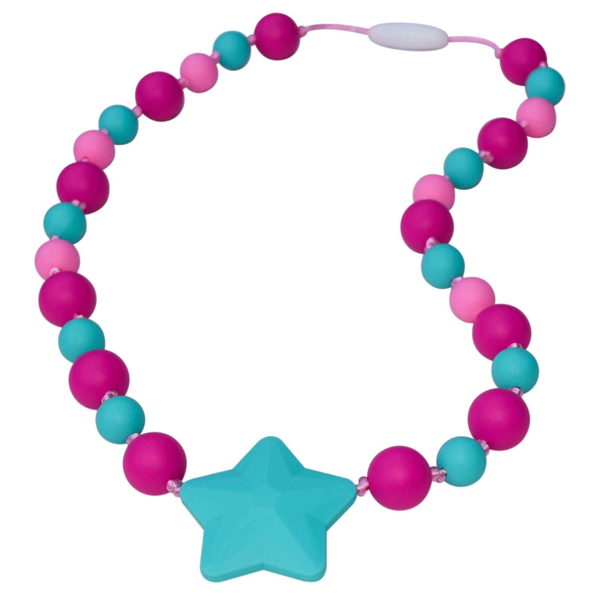 Munchables Starlight Chew Necklaces feature fuchsia, aqua and pink beads in two sizes and a large aqua star.