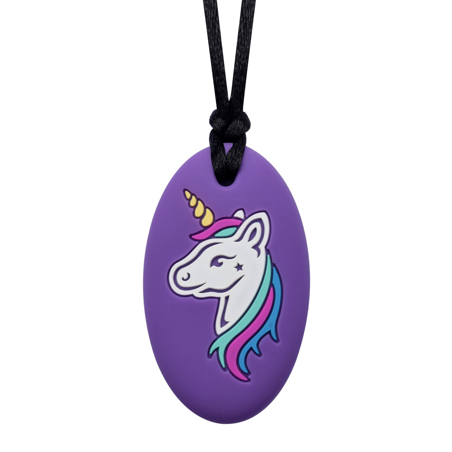 A purple oval-shaped chew necklace with a colorful unicorn design on the front and a textured reverse side.