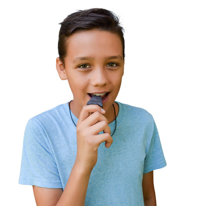 Munchables Arrowhead Sensory Chew Necklace being chewed on by teen boy. 