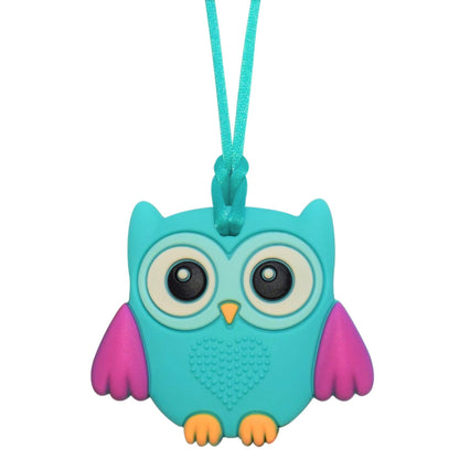 Munchables Baby Owl Sensory Necklace in aqua. 